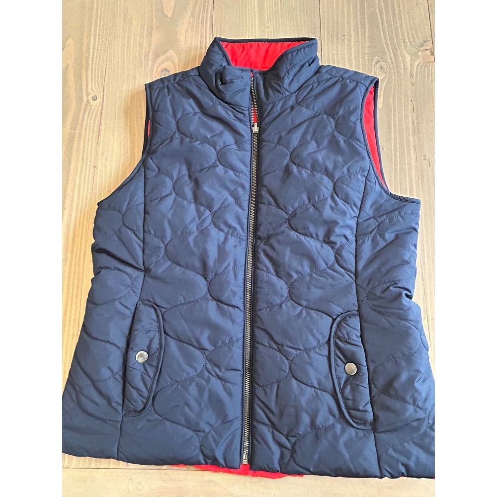 G6 Talbots Petite Reversible Quilted Vest Navy Blue Red Full Zip Pockets‎ SP